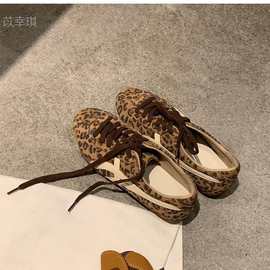 羊皮版~内增高5cm阿甘鞋女豹纹撞色百搭休闲板鞋运动鞋真皮德训鞋