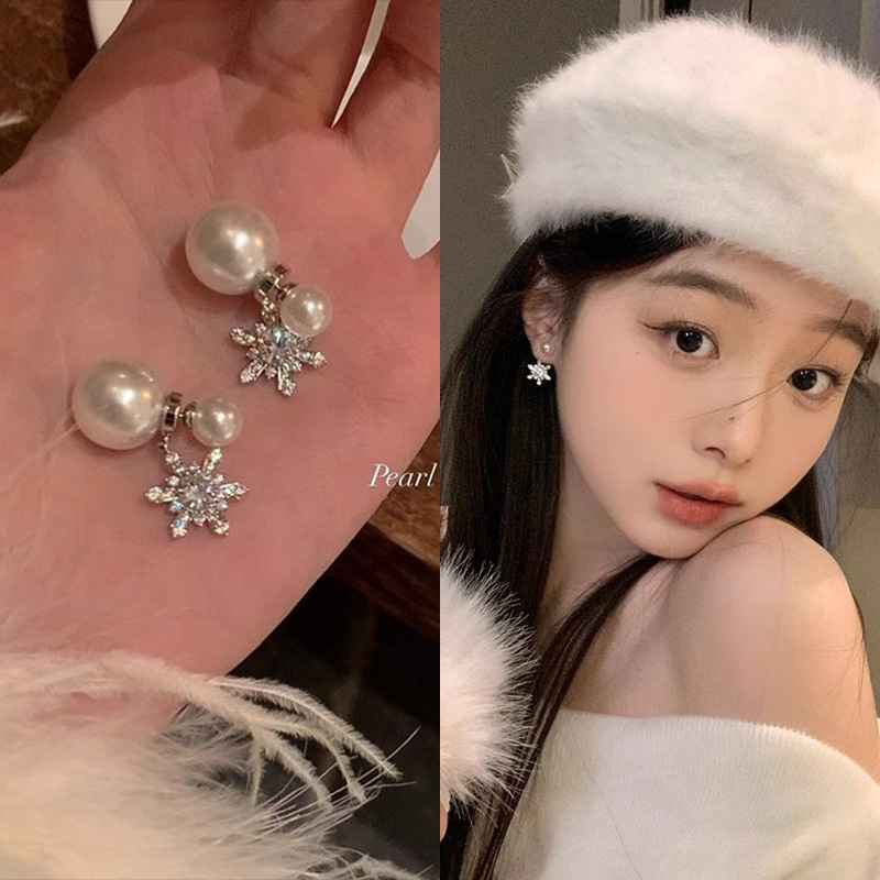 light luxury minority design sense back-mounted snowflake pearl stud earrings female all-matching graceful advanced sense a two-way earrings