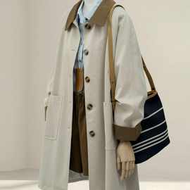 日系卡其风衣秋2025新款女装巴恩松弛感显瘦撞色翻领中长外套氨纶