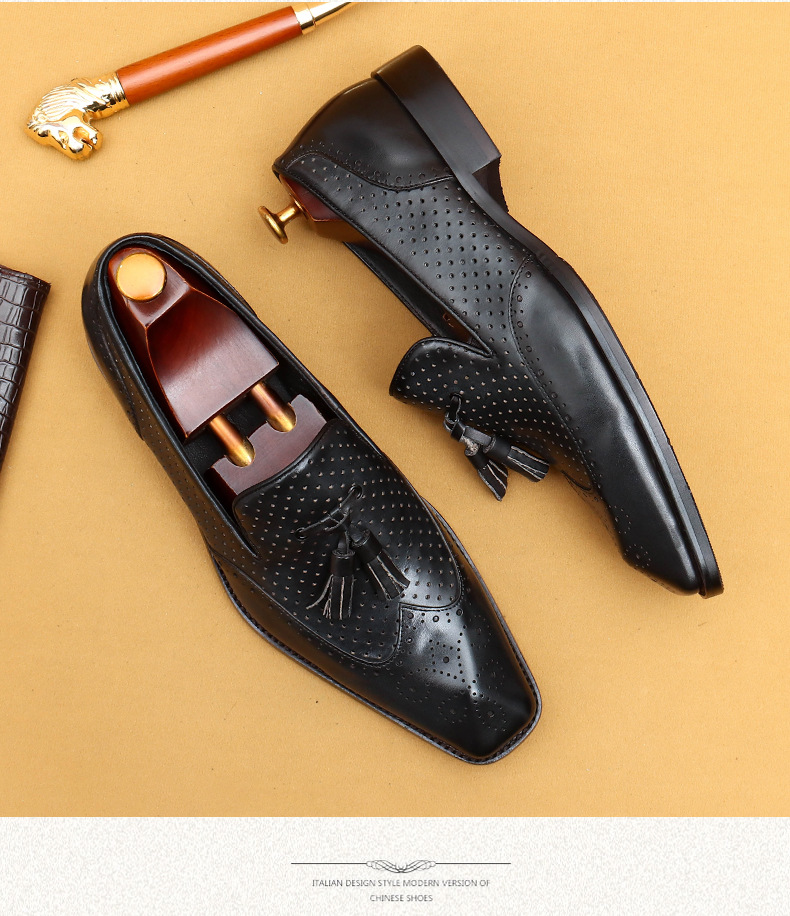 Casual summer leather shoes men's hollow breathable leather business dress shoes_vogvips.com