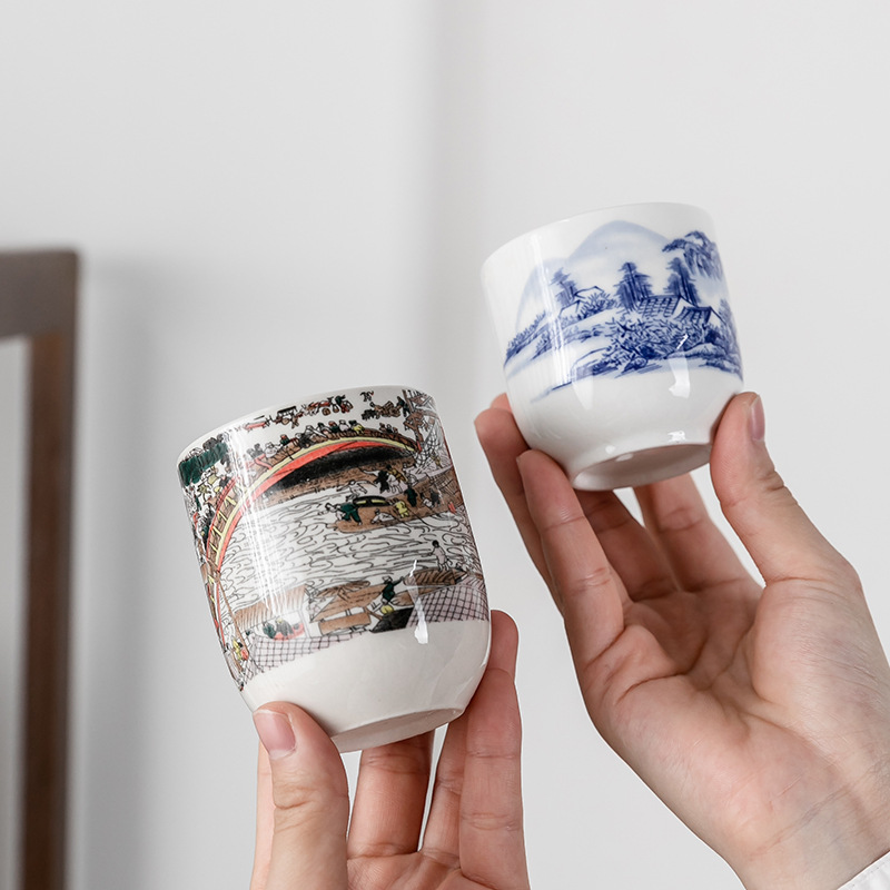 Tea Cup Kung Fu Tea Set Ceramic Tea Cup Tea Bowl Household Single Six Tea Cups Master Cup Large Blue Peony