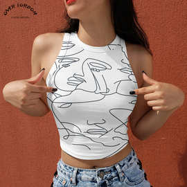 2021亚马逊夏季上衣女式性感无袖紧身露肚脐显瘦背心欧美大码