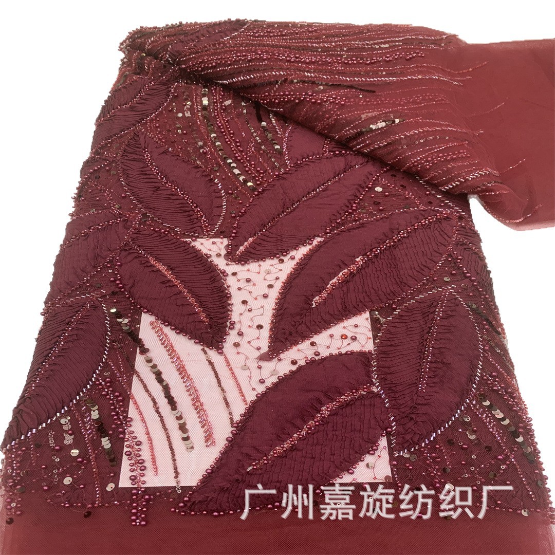 Tela de gasa europea y americana con cuentas de hojas, lentejuelas y malla, con patrones florales tridimensionales para vestidos y trajes de gala, tela bordada.