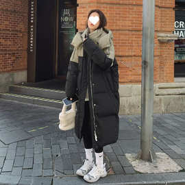 美式撞色拼接羽绒棉服女中长2025冬新款新品宽松棉袄加厚保暖棉衣