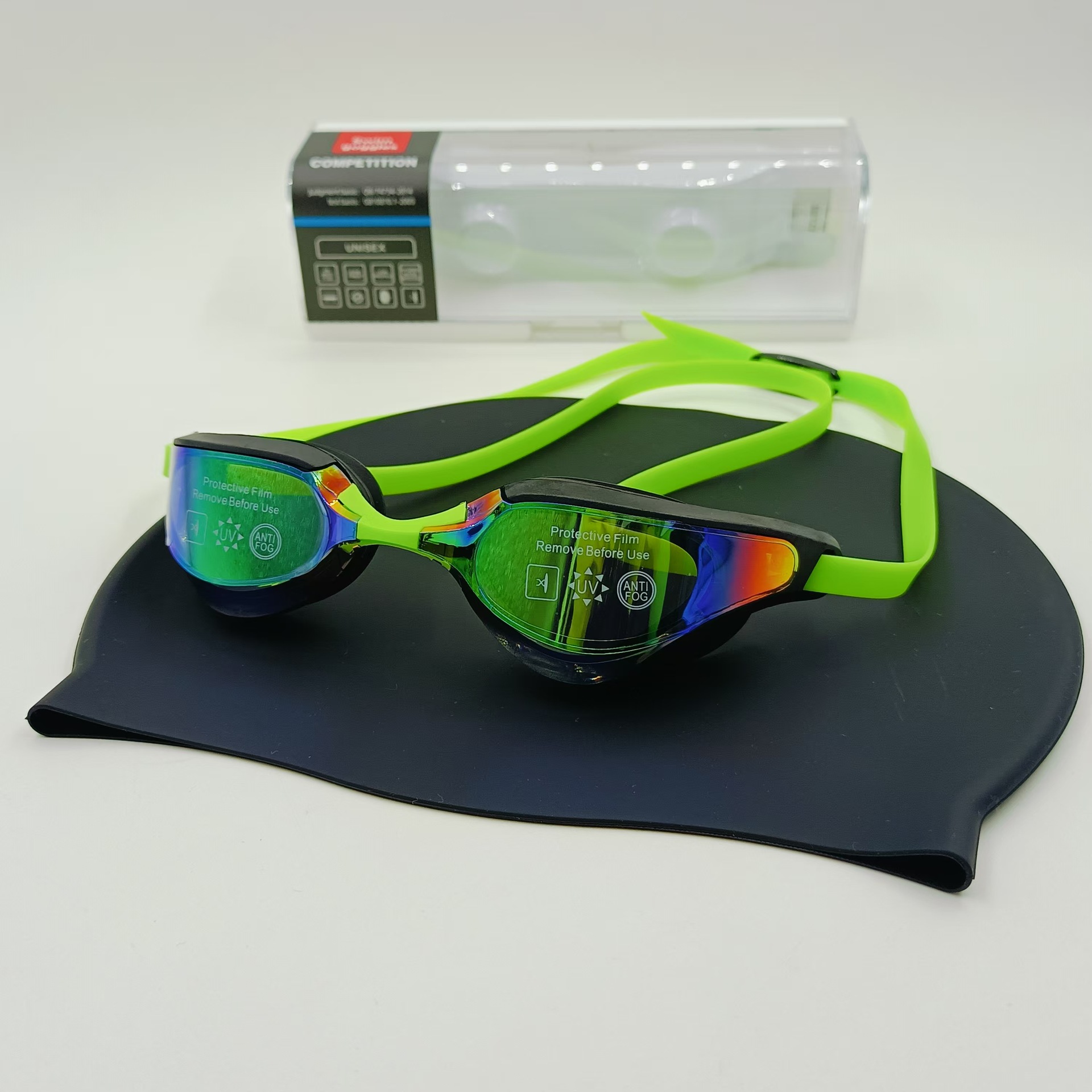 검정색과 녹색 수영 고글 + 검정색 수영 모자