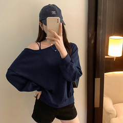 美式一字肩卫衣女早秋季2025新款松弛感oversize斜肩辣妹长袖上衣