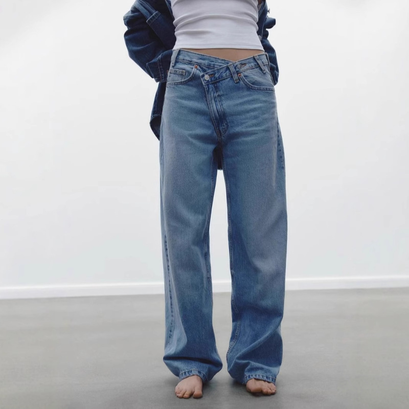 European and American Cross-Border Retro Y2K Asymmetrical Waistband Washed Denim Jeans for Women, Stylish and Versatile Straight-Leg Pants for Commuting, Ins Style