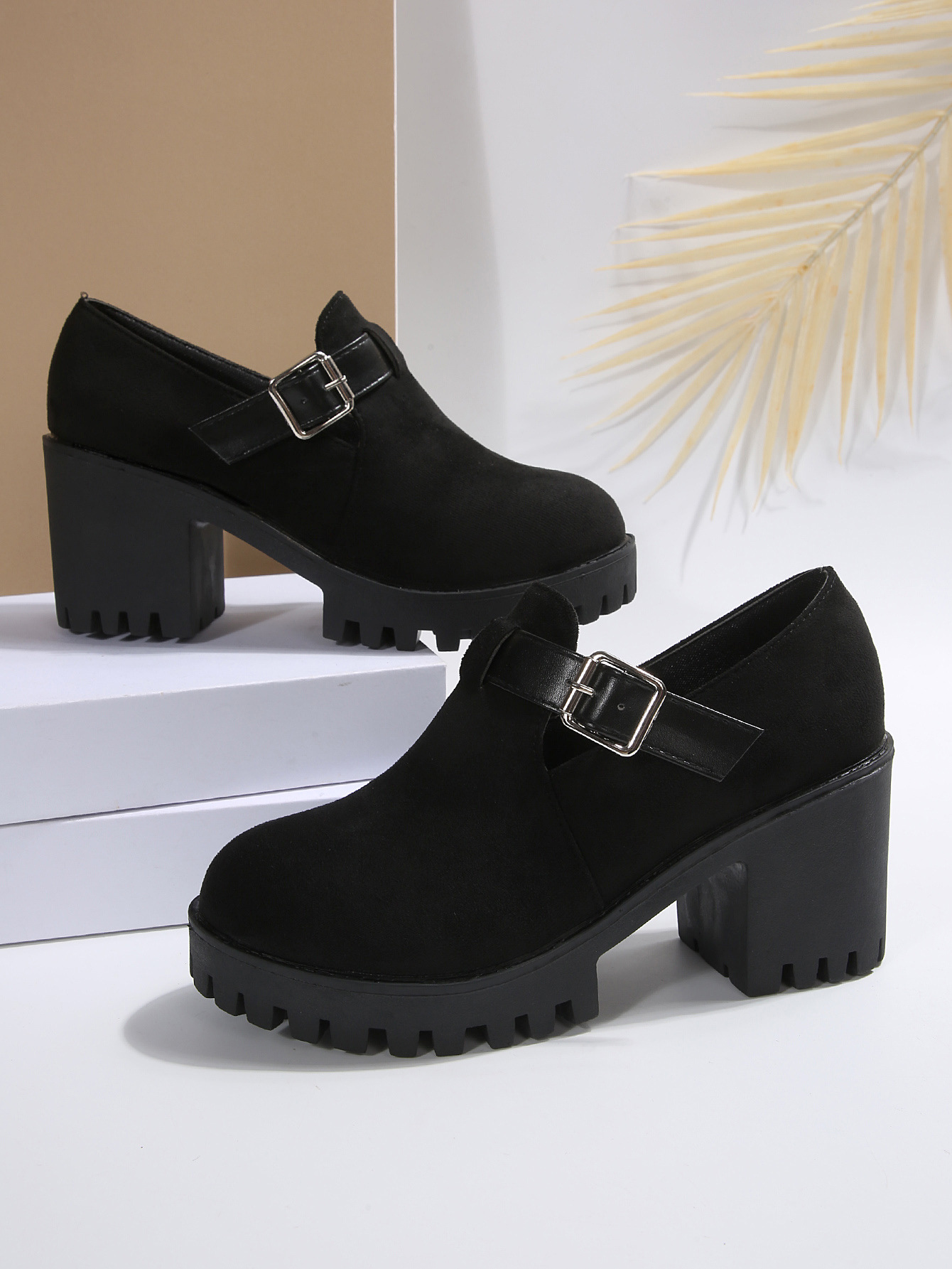 Damen Pumps Mit Blockabsatz Und Schnalle Aus Wildleder Für Damen_voghion.com