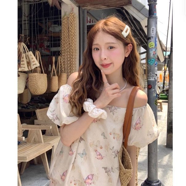 프렌치 스퀘어 넥 프린트 디자인 루즈 캐주얼 나비 프린트 퍼프 슬리브 셔츠 탑 베이비돌 셔츠 여성용 시크