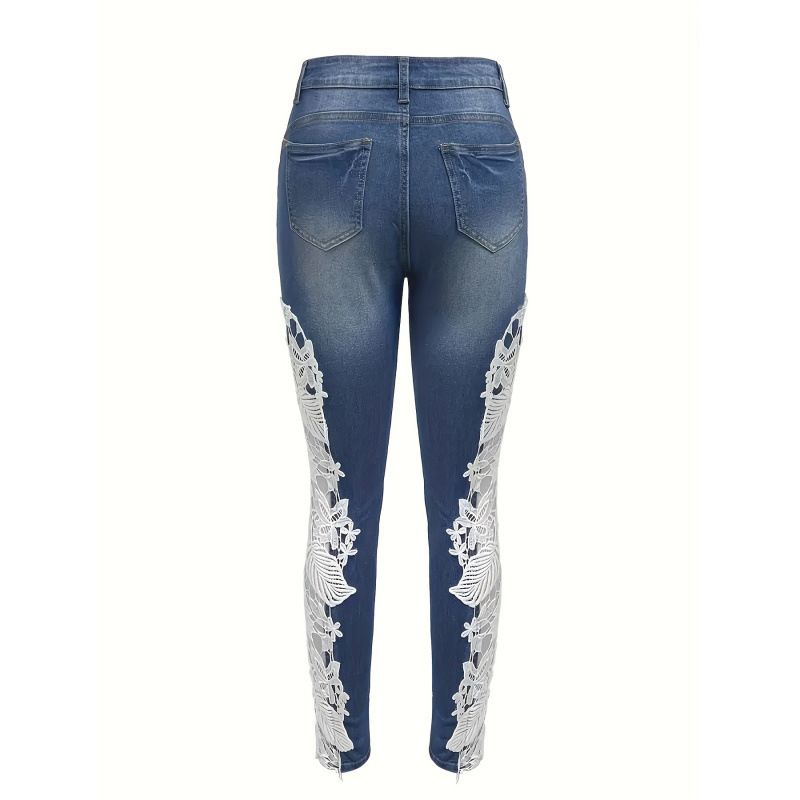 H 7792026 Cross-Border New European and American Fashion Sexy Lace Cut Out Lace Jeans Elegant Slim Fit
