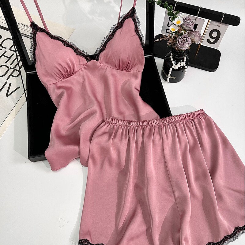 Classic Solid Color Summer Lace Pajamas with Chest Pads, Sweet and Alluring Style, Women's Camisole and Shorts Loungewear Set Classic Solid Color Summer Lace Pajamas with Chest Pads, Sweet and Alluring Style, Women's Camisole and Shorts Loungewear Set