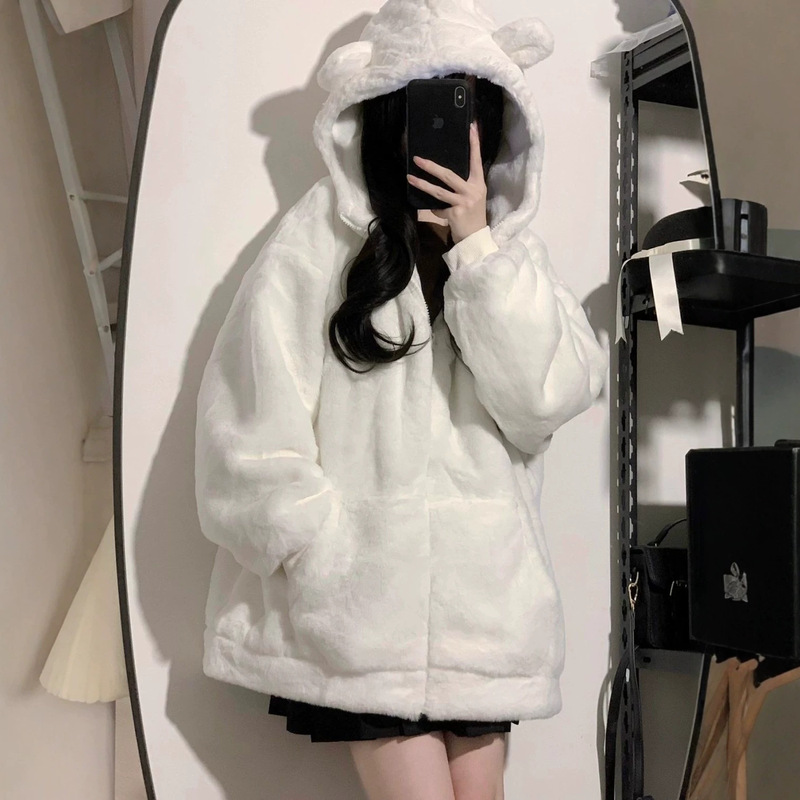 Milk Hulu plush coat women's cardigan winter Korean style student cute loose lazy style hooded ins fashion