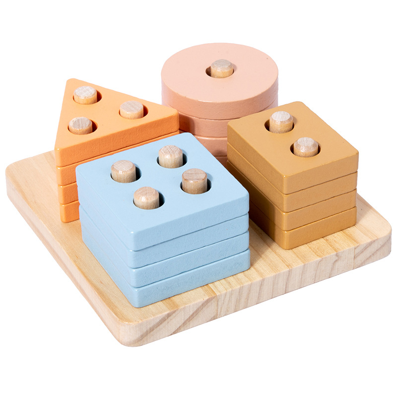 Bloques de madera de columna de madera para bebés movimiento fino educación temprana de la geometría de pares de colores juguetes de clasificación cognitiva