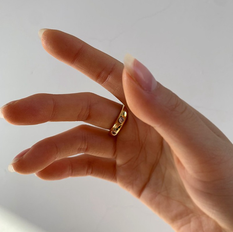 Copper Material Brass Plated Fashionable Retro Micro-encrusted Zircon Glossy Rough Gold Copper Ring Stacking