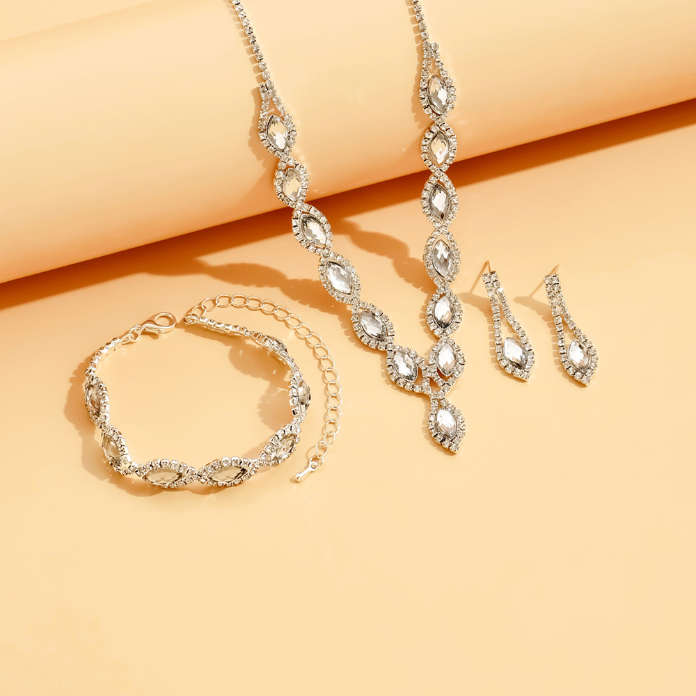 Designer Style Fashion Personality Wave Light Rhinestone Necklace Earrings Bracelet Bridal Se_voghion.com
