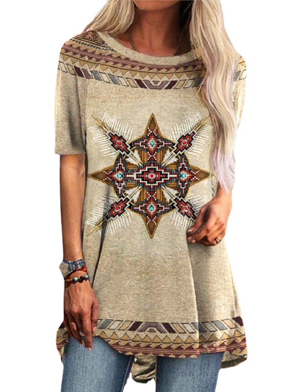 2022 foreign trade cross-border women's fashion loose round neck digital printing Western retro style short sleeve 5121