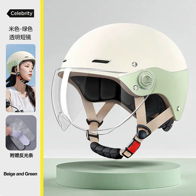 3C Certified National Standard Electric Vehicle Helmet for Women, Does Not Flatten Hair, Suitable for All Seasons, Sun Protection (Motosiklet kaskı (dəbilqə)) - new-national-standard-class-a-off-white-forest-green-hd-short-lens-internal-and-external-circulation-double-hole-ventilation