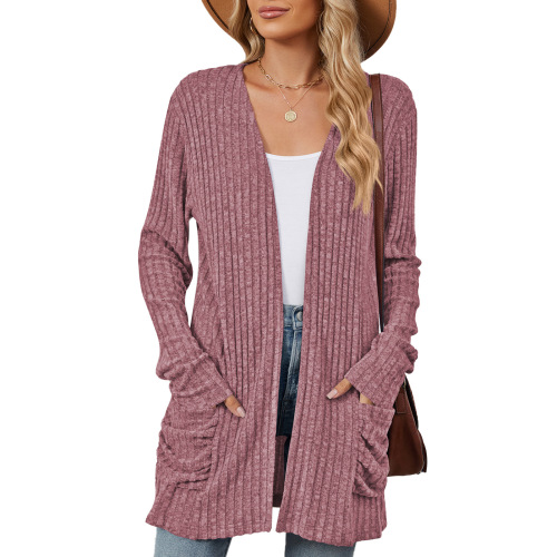 European and American pure color casual pocket long sleeve crew neck knit sweater