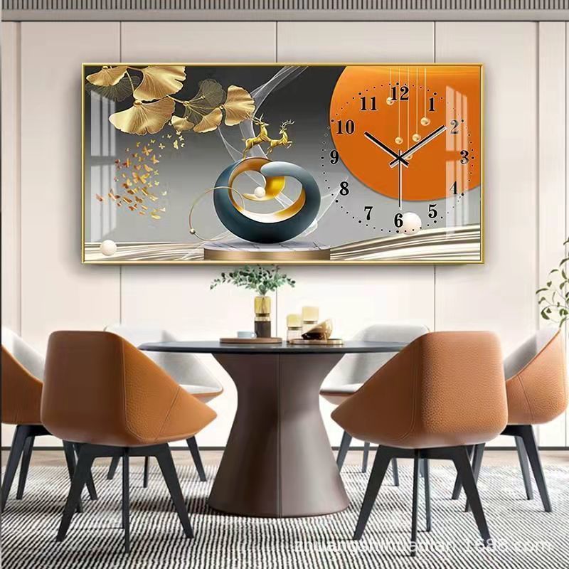 2023 nuevo restaurante pintura decorativa reloj luz comedor de lujo Fondo colgante de pared pintura cálida sala de estar reloj mural de Cristal