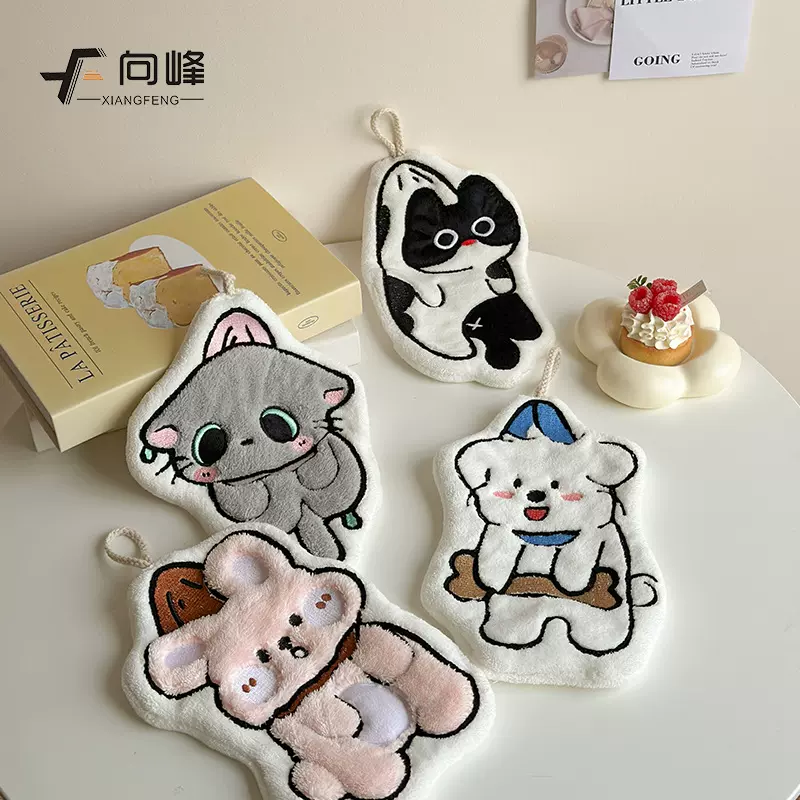 向峰珊瑚绒卡通黑猫擦手巾可爱小动物吸水加厚擦脸巾手巾手帕批发