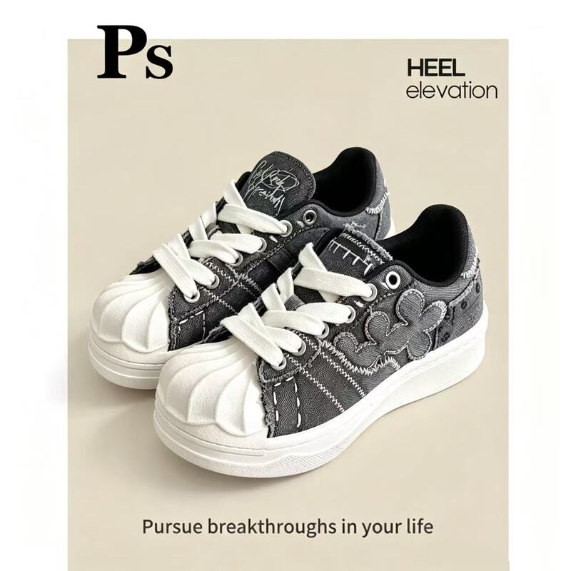 Wengjie's same style 5cm! Shell toe sneakers for men and women, unique retro patchwork black casual shoes with thick soles Wengjie's same style 5cm! Shell toe sneakers for men and women, unique retro patchwork black casual shoes with thick soles