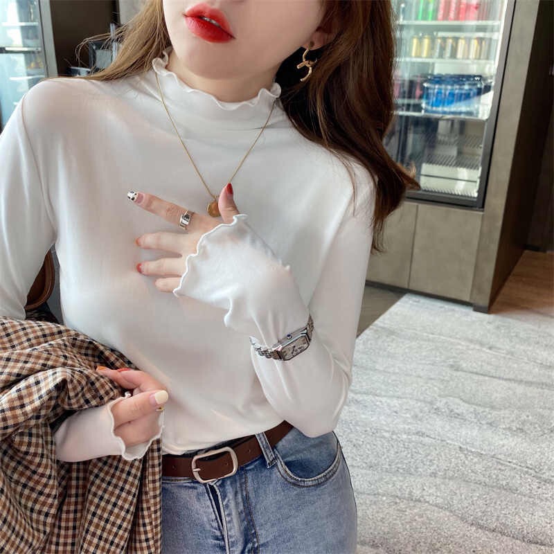 Half Turtleneck Inner T-Shirt Women's Long-Sleeved Autumn and Winter Style Versatile Slim Knitted Bottoming Shirt Fungus Edge Top White Half Turtleneck Inner T-Shirt Women's Long-Sleeved Autumn and Winter Style Versatile Slim Knitted Bottoming Shirt Fungus Edge Top White