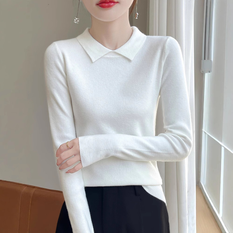 Cross-Border Polo Collar Knit Sweater for Women 2025 Autumn and Winter New Pullover Long-Sleeve Slimming Base Shirt Sweater Knit