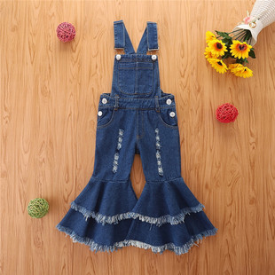 Foreign Trade Kidsren's Clothing Girls' Denim Overalls European and American Style Spring and Autumn Fashionable Kidsren's Denim Bell Pants Kidsren's Pants Wholesale