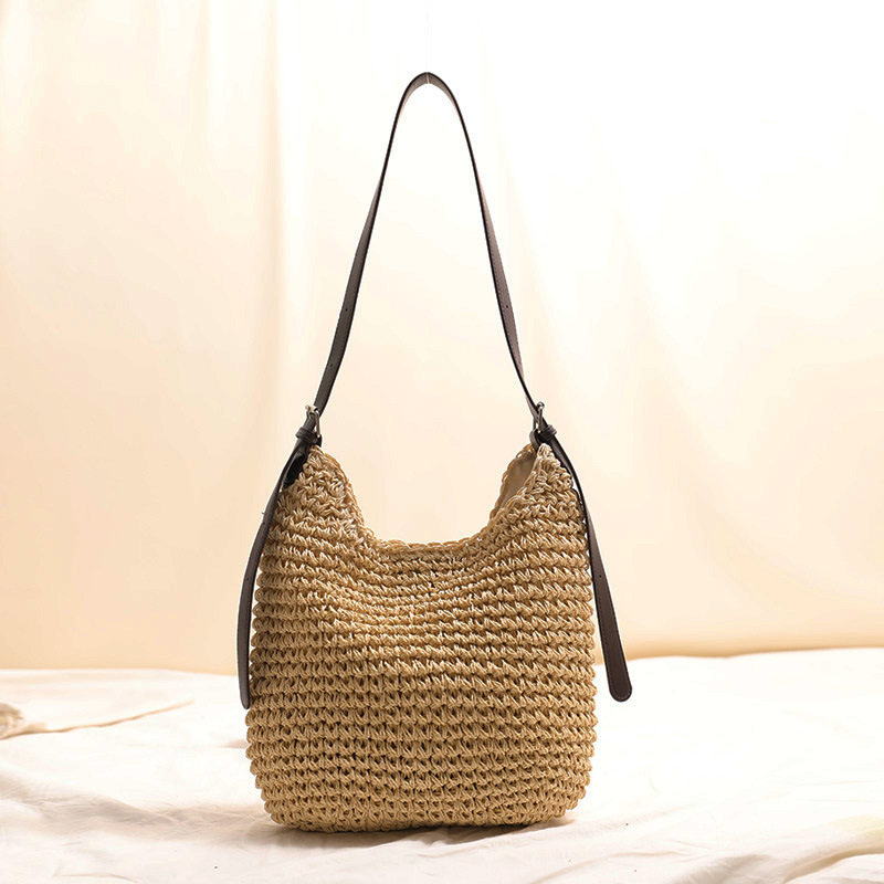 Fashion Large Capacity Straw Crossbody Bag New PU Shoulder Strap Solid Color Woven Bag for Women Beach Vacation - Thumbnail 4