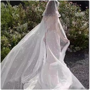 Long Hooded Lace-Up Pearl Mesh Cloak Bride Wedding Wedding Dress Travel Photo White Cloak Cross Border