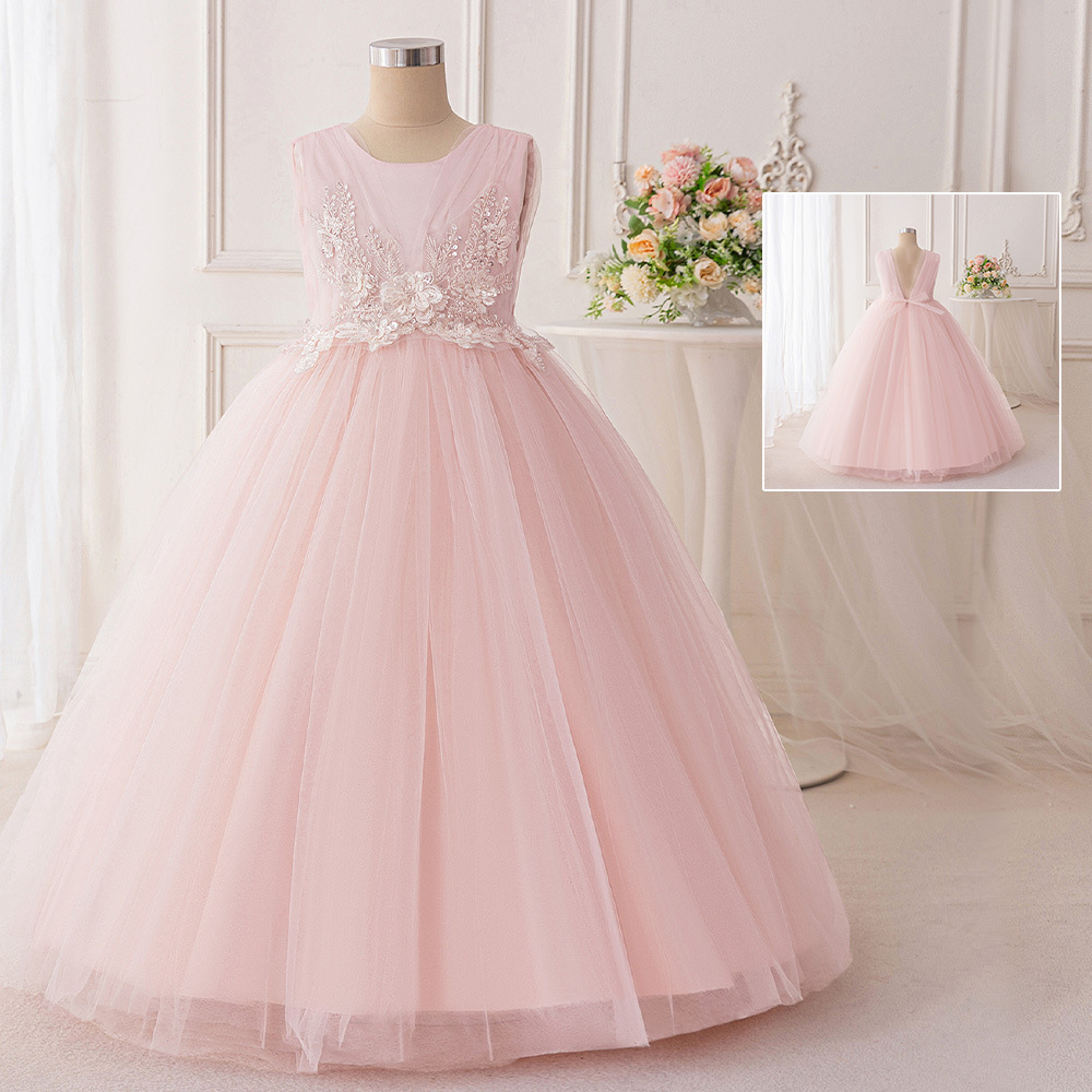 Nuevo vestido de noche para niños de cintura alta vestido bordado sin mangas V-collar vestido de desfile vestido de niños