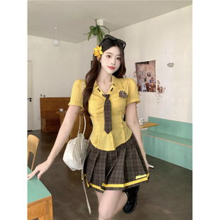 Plus Size Fat mm American Sweetheart Preppy Style Tie Short-Sleeved Shirt Top Women's Summer A-Line Pleated Skirt Suit