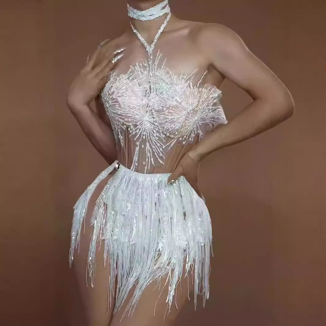 STOCK Performance Dress Dance Performance Party Tight Waist Strapless Tassel Mesh Stitching Hip Skirt suit