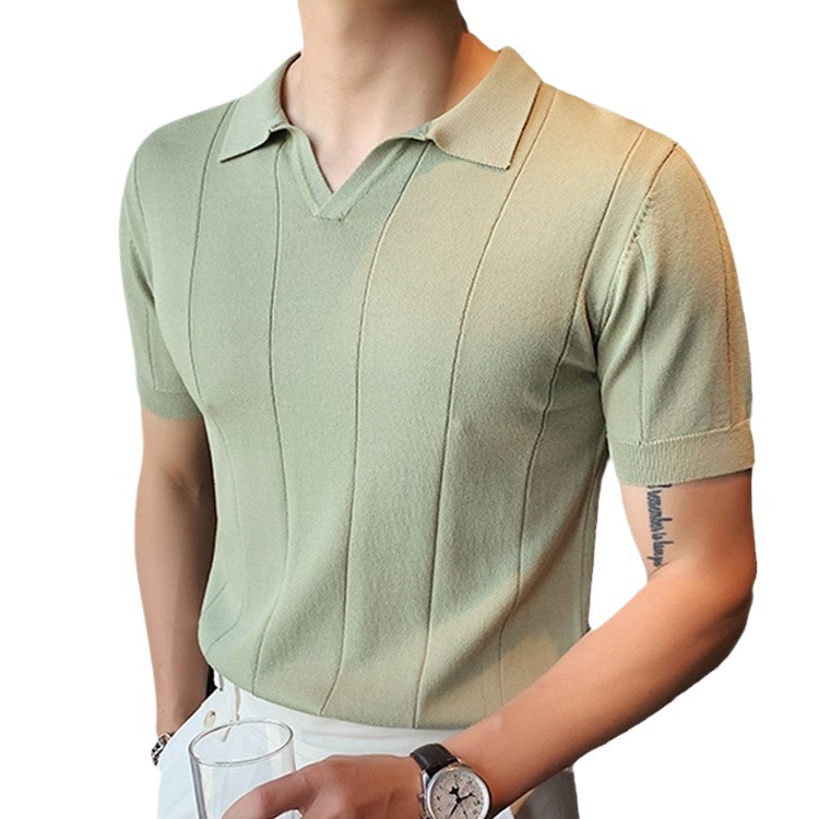 Camiseta de Manga Corta de Seda de Hielo para Hombre, Verano 2025, Nueva Camiseta de Negocios para Hombre, Elegante Polo de Punto con Cuello en V