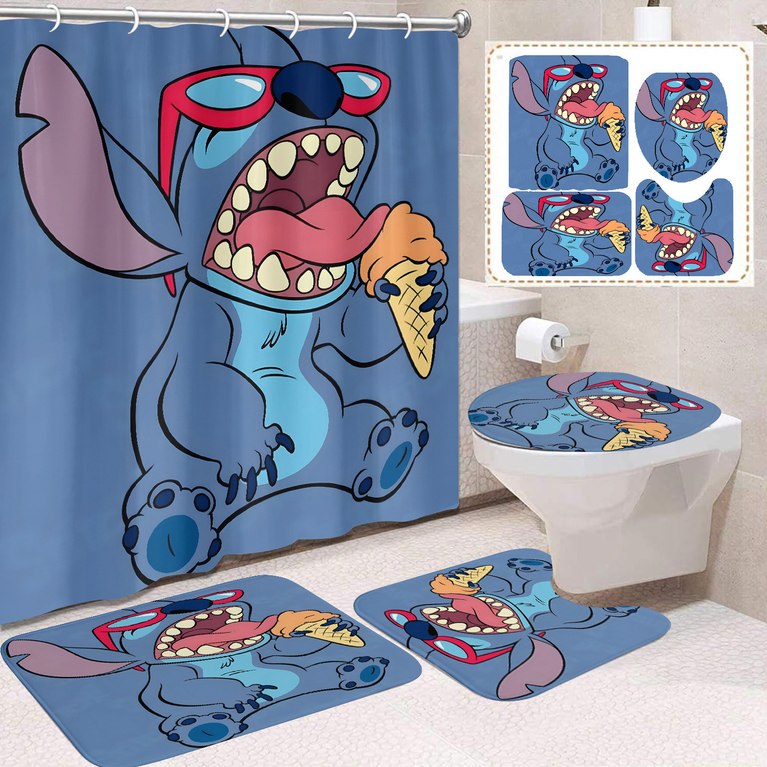 Venta directa de fábrica lindo baño de dibujos animados de cuatro piezas cortina de ducha impermeable cortina de ducha sin perforación cortina de partición de baño de baño