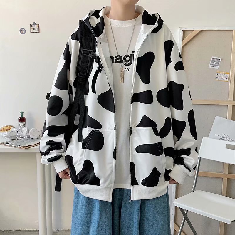 Full printed cow sweater men's hooded loose bf lazy style national fashion American hip hop hiphop top fried street coat