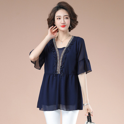 2021 new pattern Spring and summer Chiffon shirt mom Belly Easy jacket Long Western style Short sleeved Blouse