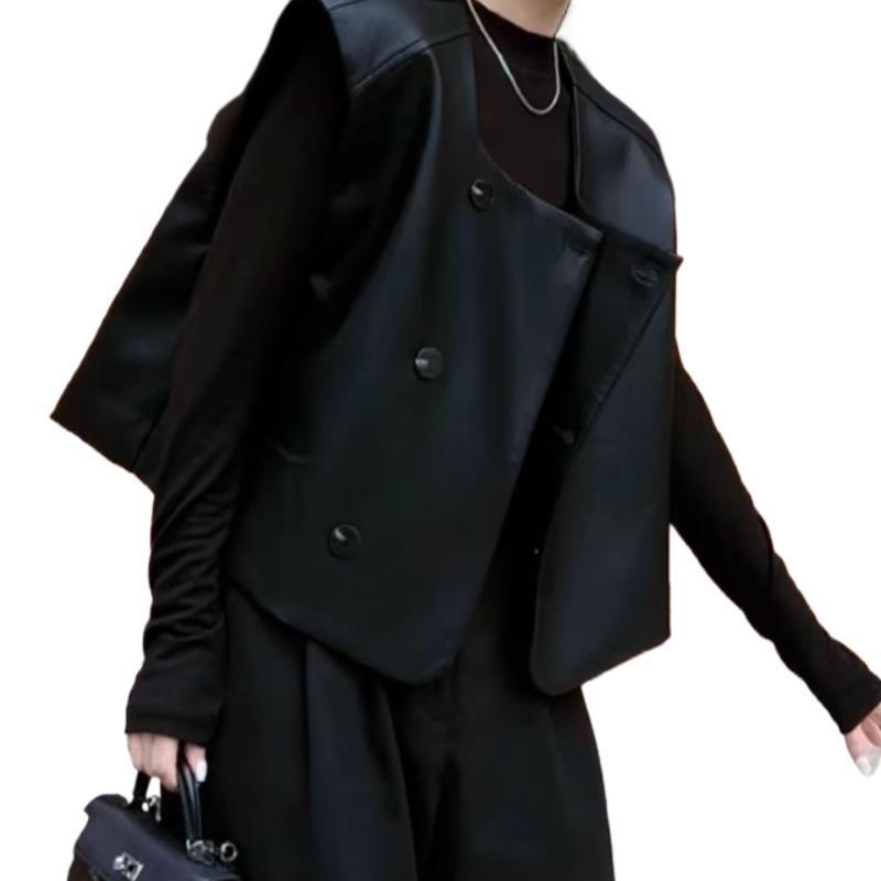 2025秋季黑色短款皮衣马甲外套女设计感时尚宽松无袖叠穿坎肩上衣|undefined