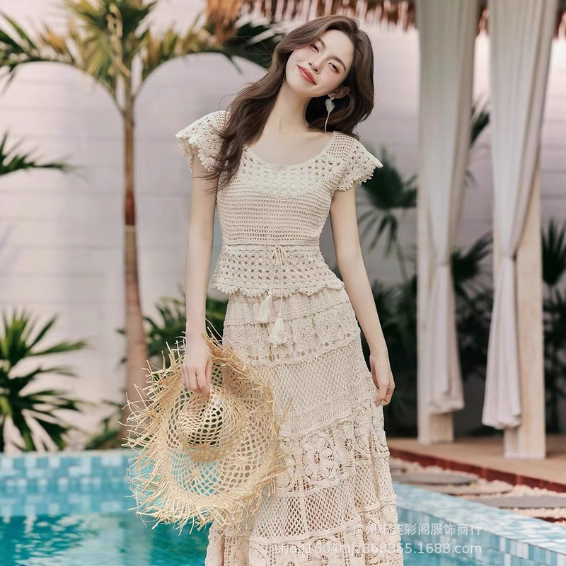 Summer Short-Sleeved Knitwear + Fashionable Pure Color High-Waisted Knitted Cut Out Mid-Length Skirt Vacation Two-Piece Suit