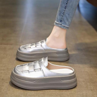 2025 New Thick-Soled Height-Increasing Half-Slippers for Women's Summer Outer Wear Cut Out One-Leg Roman Toe Sandals Woven Slippers