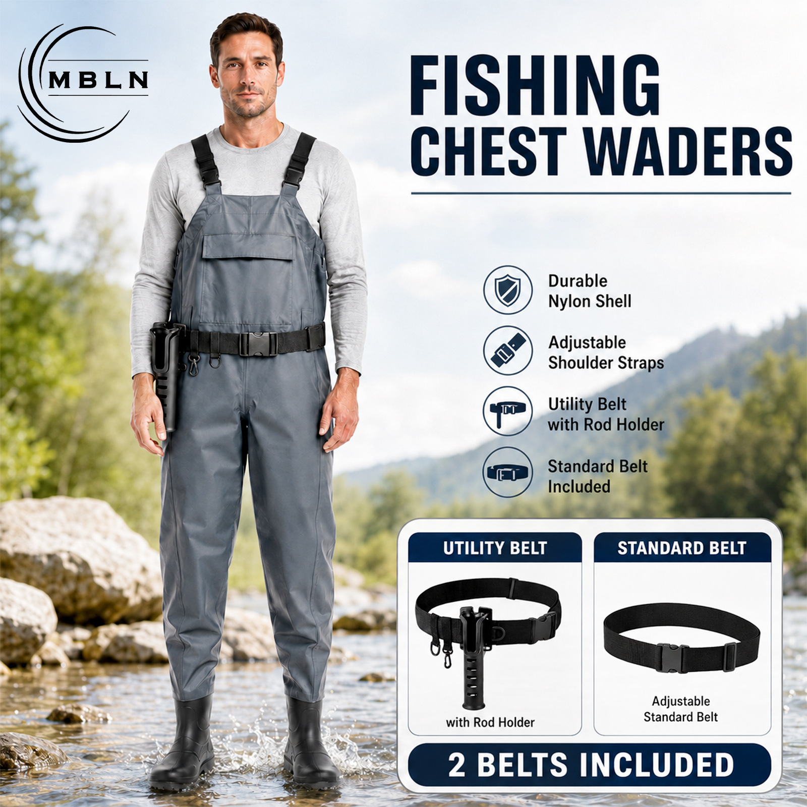 Mbln Nylon Pvc Waterproof Fishing Waders with Rod Holder and Hook Set