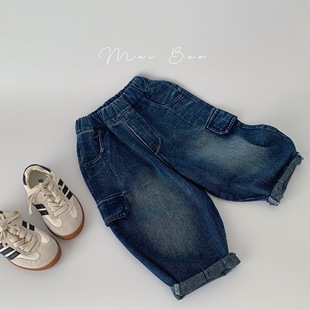 Maibao Kidsren's Jeans 2025 Spring New Korean Style Boys Pure Color Casual Pants Girls Multi-Flap Pocket Pants Pants Trendy