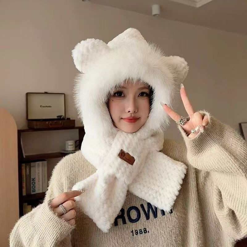 秋冬季帽子女可爱毛绒绒围巾加厚一体围脖毛绒帽骑车保暖护耳帽子|undefined