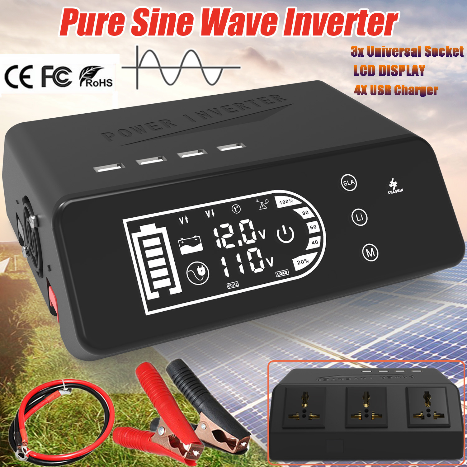 跨境新品纯正弦波逆变器1000W12V转110VPower Inverter电源转换器