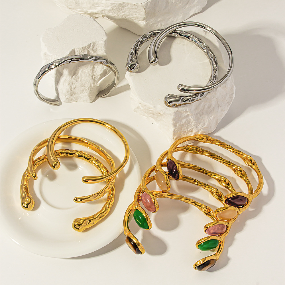 Europa y América INS simple y versátil acero de titanio minimalista simple gota de agua brillante brazalete abierto de 18K no se desvanece