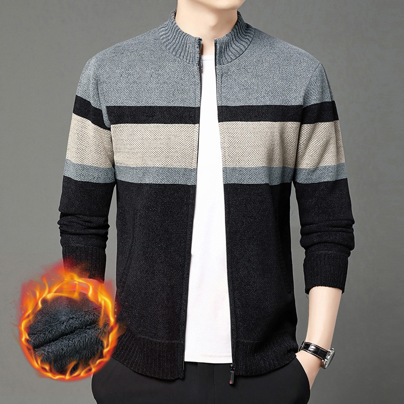 YINGAO跨境同款条纹男士毛衣开衫冬季加绒保暖立领针织衫外套批发