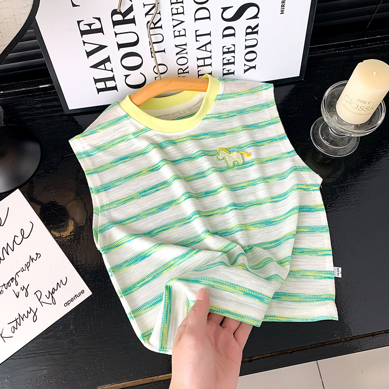 Chaleco de verano para niños, chaleco a rayas, nuevo chaleco de cuello redondo para niños, camiseta de bebé sin mangas, ropa de verano para niños