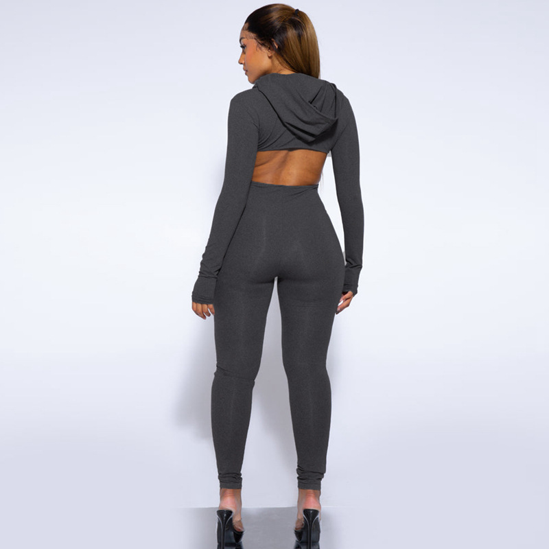 Women Clothing Winter Solid Color Long Sleeve Hooded Backless Slim Fit Sports Jumpsuit Women