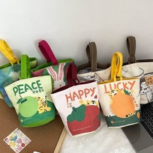 油画风手提包可爱印花单肩包户外便携手提袋卡通学生帆布包包批发