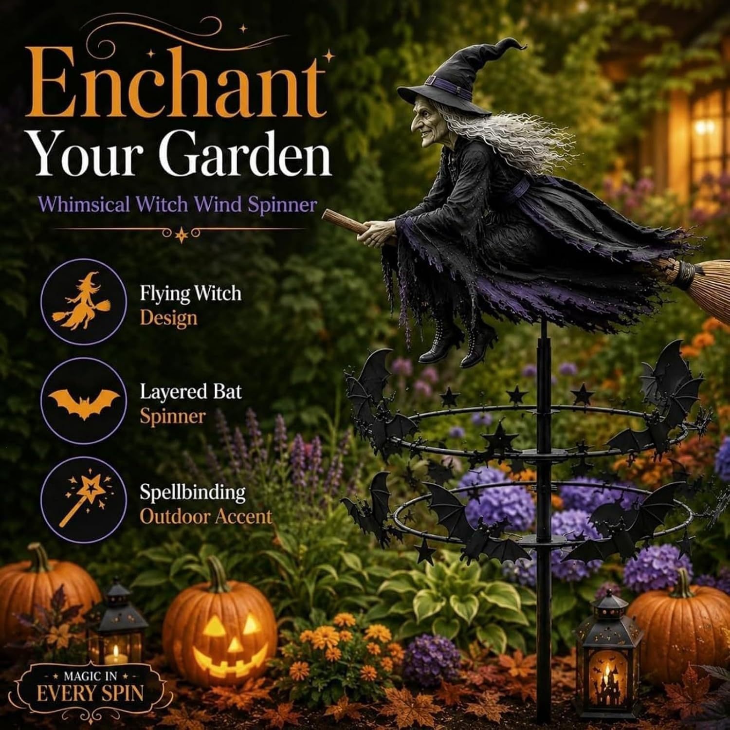 Molinillo de Viento de Bruja de Resina Sintética para Jardín y Patio